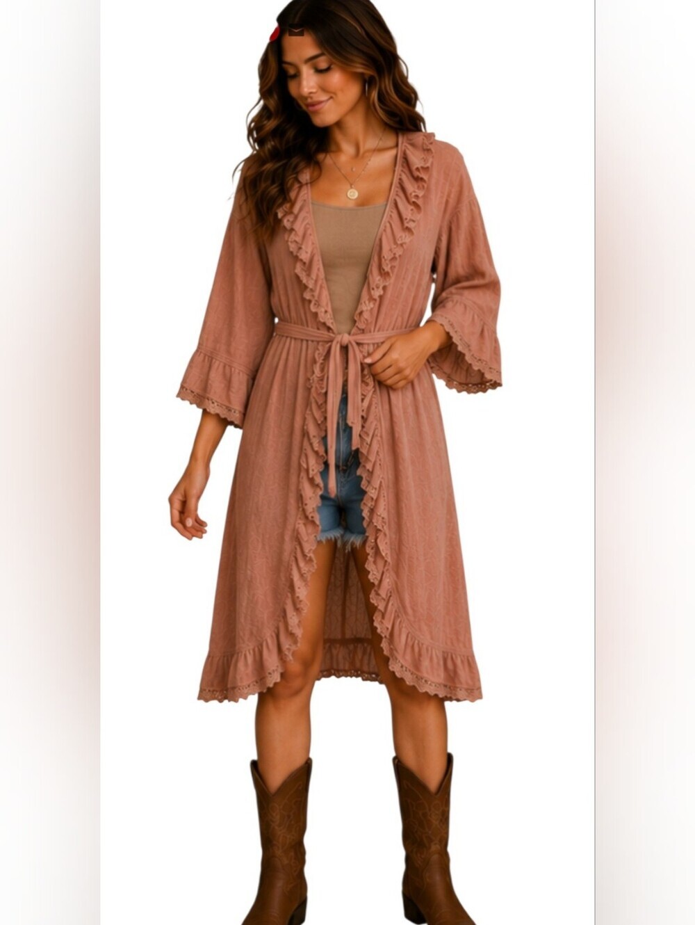 Free People FP One Dusty Rose Ruffle Lace Belted Cotton Kimono Cardigan XS/S